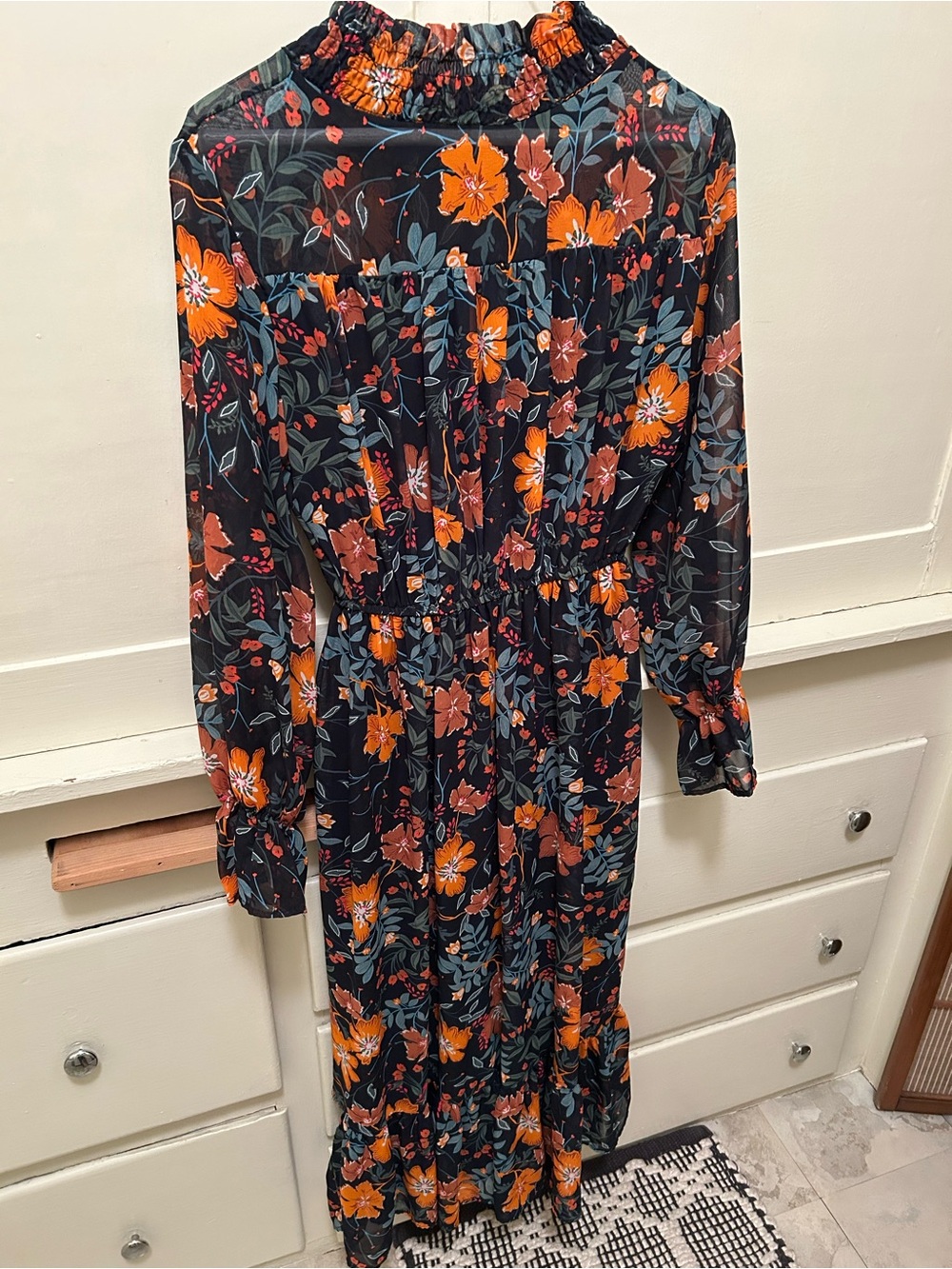 Floral Long Sleeve Maxi Dress in Black and Orange